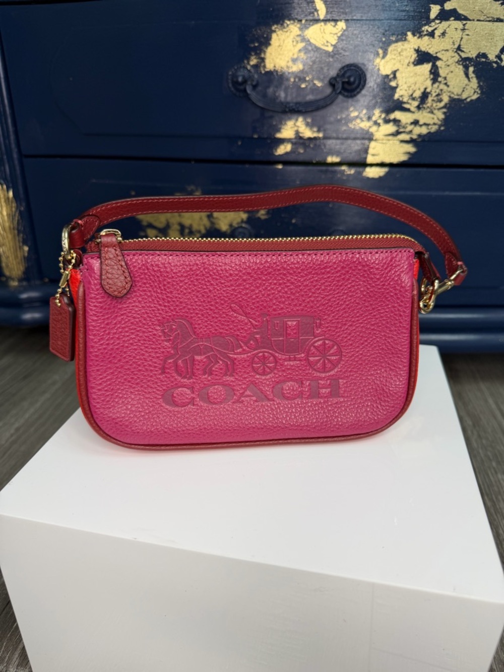 Coach Hot Pink Pebbled Leather Crossbody Wristlet with Red Trim